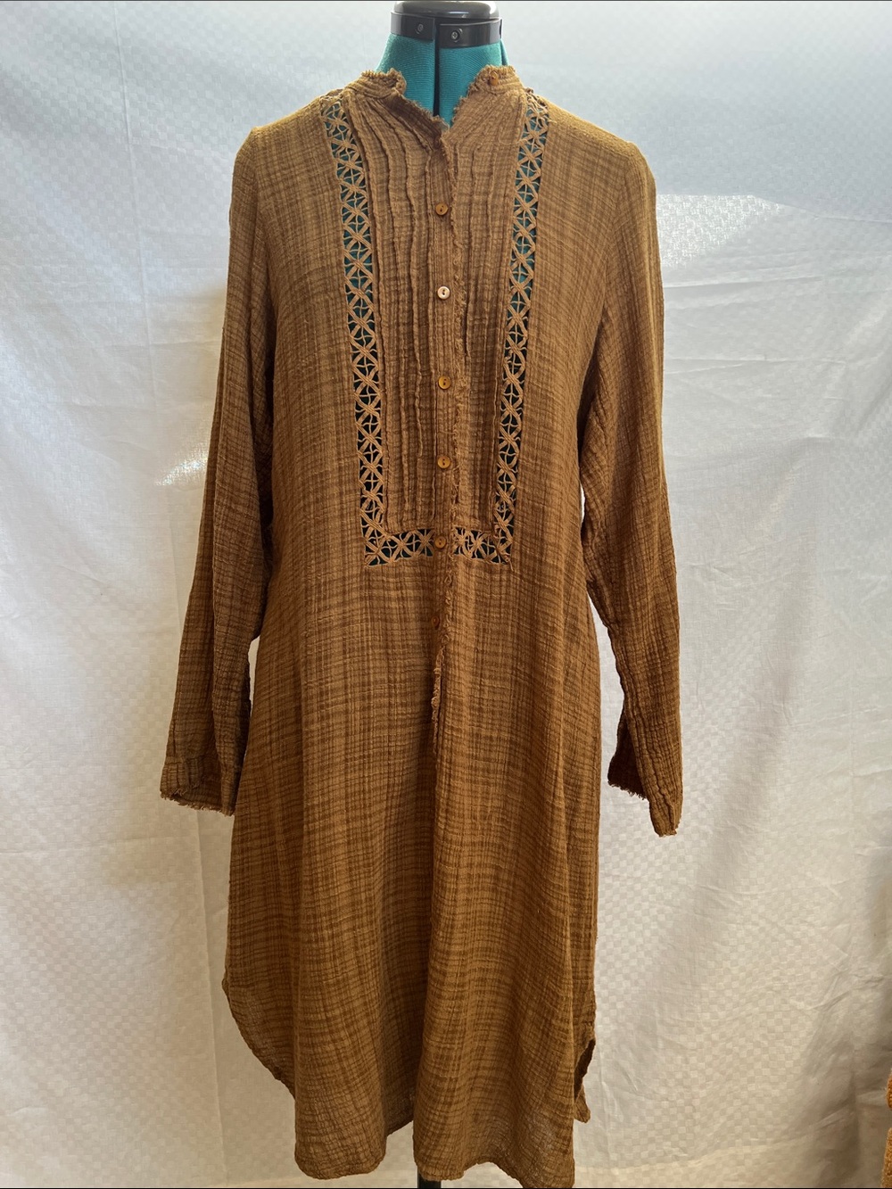 Free People Caramel Brown Long Sleeve Textured Woven Tunic Dress
